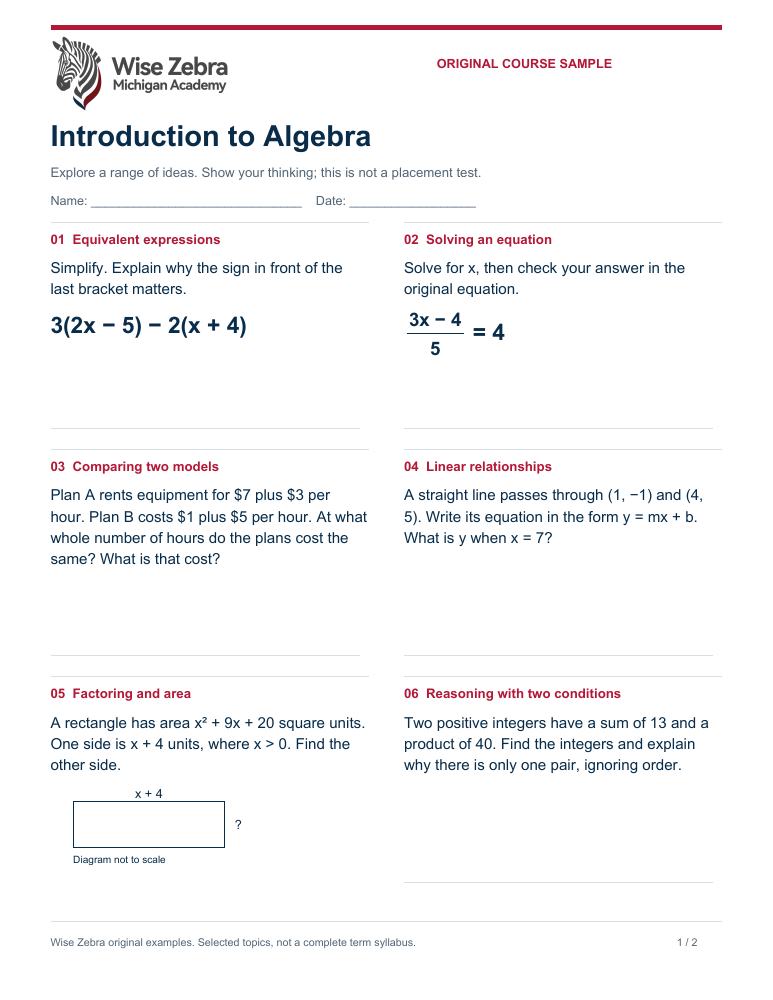 Original Algebra sample with expressions, equations, graphs, and factoring