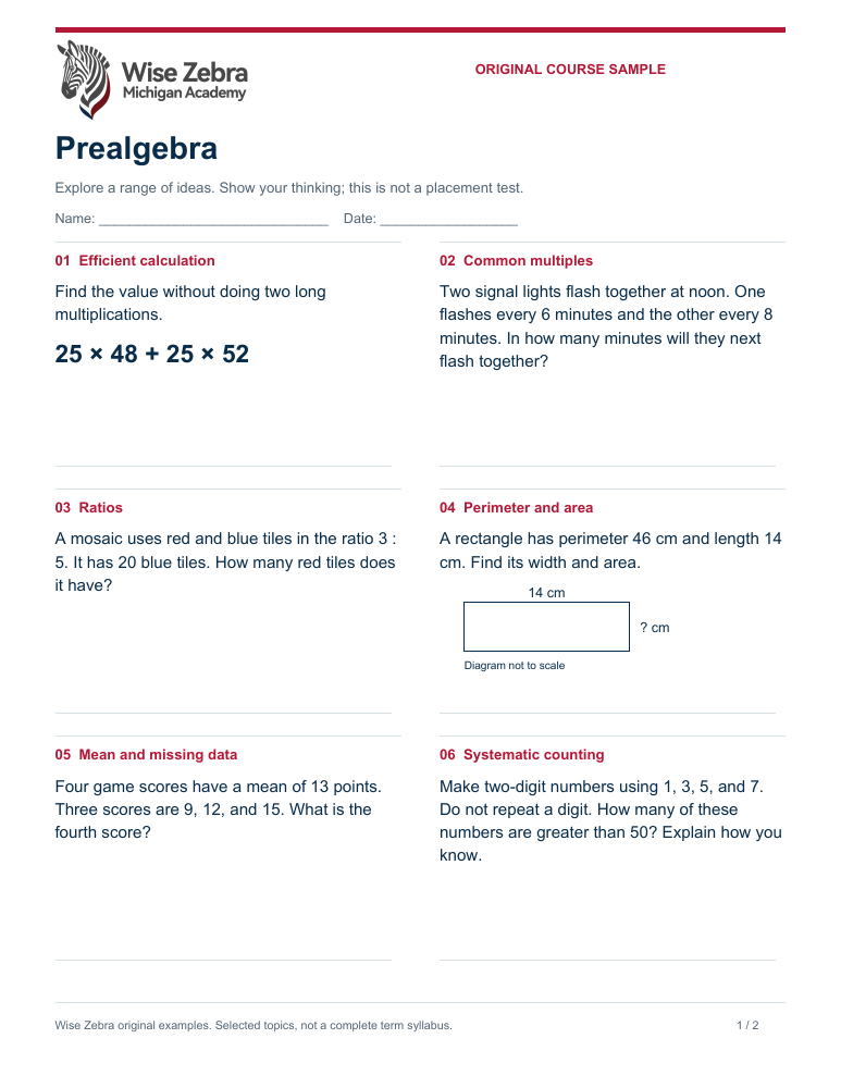 Original Prealgebra sample with number relationships, ratios, geometry, and reasoning