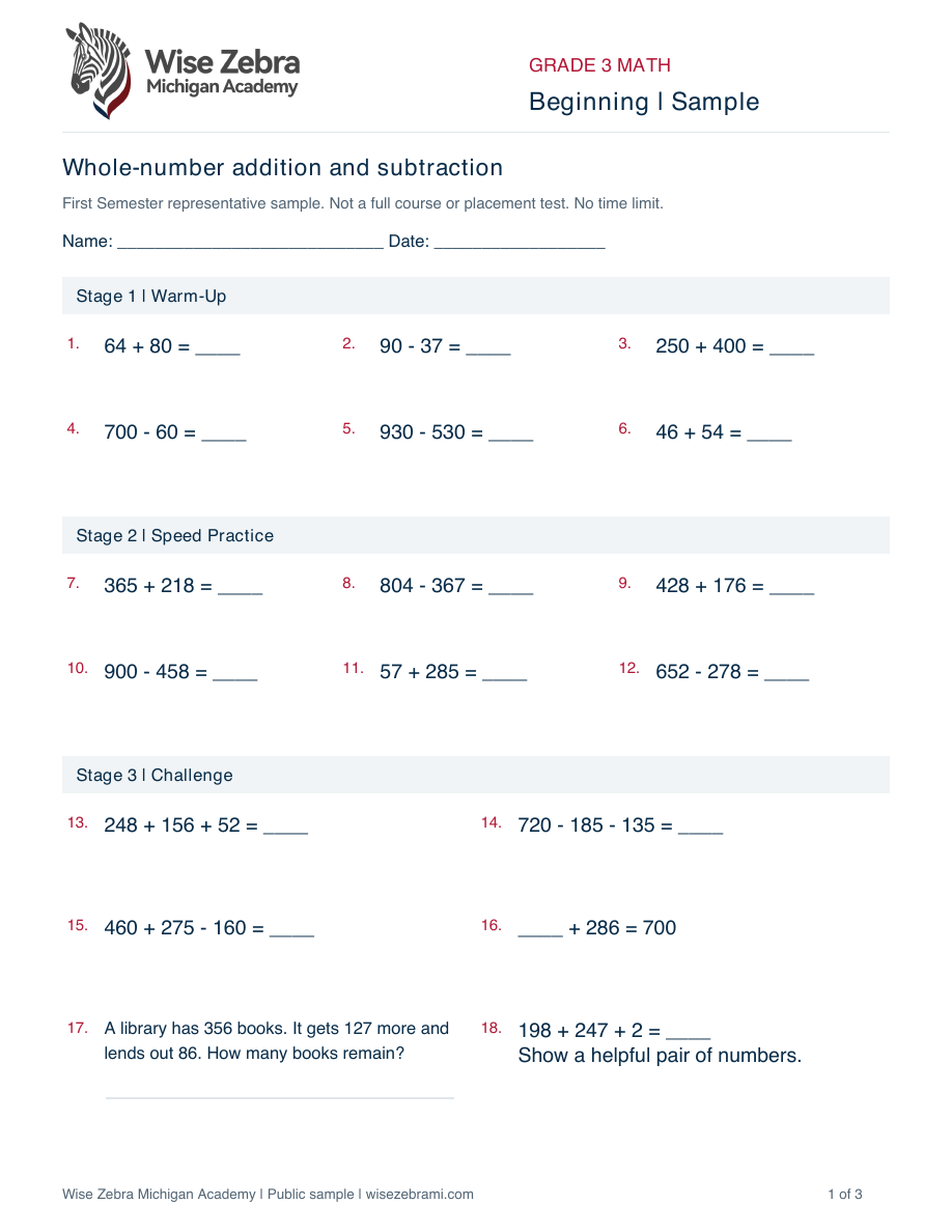 Grade 3 practice sample with Warm-Up, Speed Practice, and Challenge questions